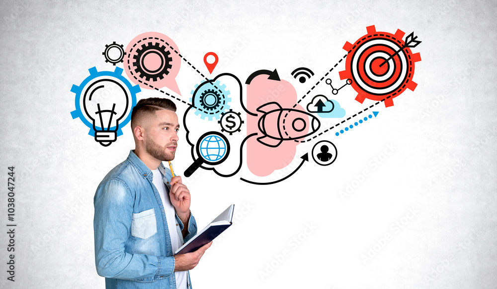 Poster man thinking while holding a notebook, surrounded by concept ico