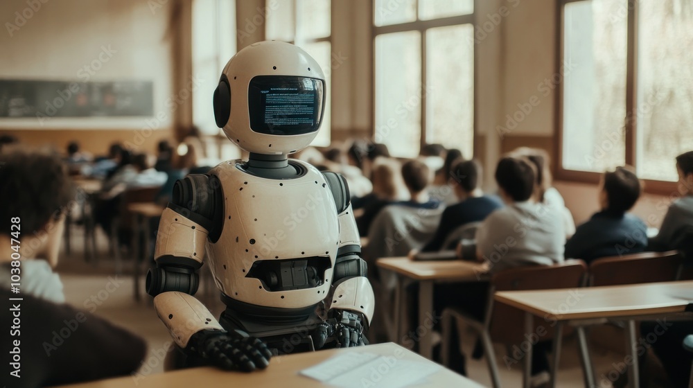 Poster a robot sits at a desk in a classroom, attending to students in a learning environment.