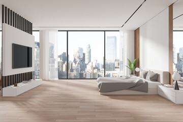Home bedroom interior with bed with tv display, drawer and panoramic window
