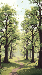 serene forest path lined with tall, lush trees creates peaceful atmosphere. Sunlight filters through leaves, casting gentle shadows on ground, inviting exploration and tranquility