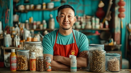 Smiling Shop Owner:  A confident Asian man stands proudly in his shop, showcasing a variety of products. His warm smile and welcoming expression invite customers to explore his unique offerings.