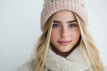 A cheerful blonde woman in a beige knit hat and scarf, capturing warmth and style on a chilly winter day, her gentle smile reflects ease and contentment.