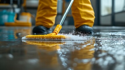 Employee using a mop to clean a dirty floor showcasing thorough cleaning and home maintenance