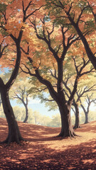 Fototapeta premium serene autumn landscape featuring tall trees with vibrant orange and yellow leaves, casting gentle shadows on ground covered in fallen foliage. peaceful scene evokes sense of tranquility and
