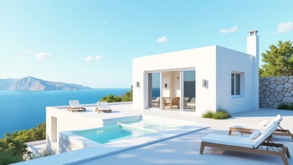 A white house with a pool and a view of the ocean