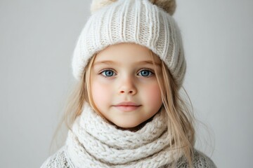 A young girl with blue eyes, wearing a white knit hat and scarf, looks directly at the camera, showcasing the purity of childhood against a soft, neutral background.