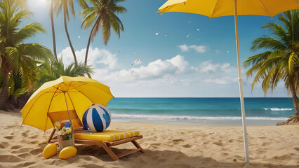 Tropical Beach Scene with Umbrella and Lounge Chair