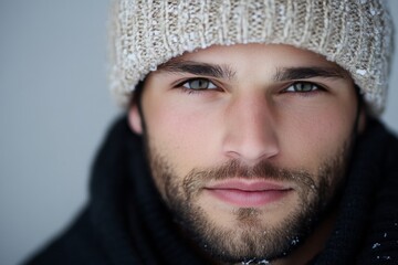 A close-up portrait of a bearded man wearing a knitted beige hat, highlighting his deep gaze and light dusting of snow, set against a muted background.
