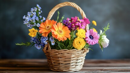 Small decorative basket with a handle, containing a few vibrant seasonal flowers.