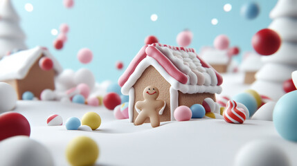 Obraz premium festive celebration featuring whimsical gingerbread house surrounded by colorful candies and snow like decorations. cheerful gingerbread figure adds joyful touch to this delightful scene