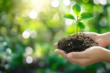 hands holding a plant with soil close up to camera