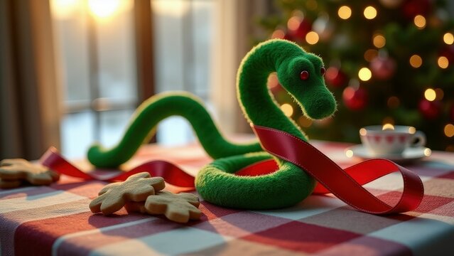 Green snake coiled with red ribbon and Christmas cookies nearby