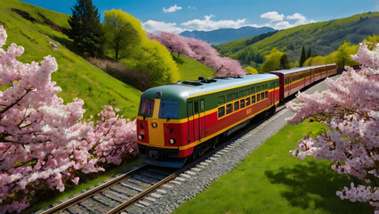Obraz premium Scenic Train Journey Through Blossoming Landscape