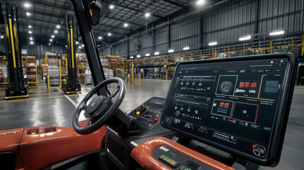 A modern forklift's control panel is displayed in a spacious warehouse, showcasing advanced technology for efficient material handling.