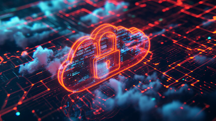 Cloud data security concept with digital lock icon on cloud symbolizing secure online data storage