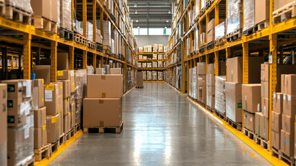 Fototapeta premium A spacious warehouse aisle lined with neatly stacked cardboard boxes and organized shelving for efficient inventory management.