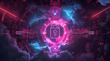 Obraz premium Futuristic cloud data security with glowing lock symbol, secure digital data storage concept