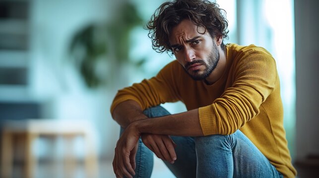 Individual with chronic neuropathic pain sitting with their leg propped up and showing a tired pained expression