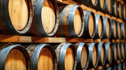 Row of aged wine barrels stacked in a vineyard cellar