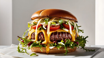 Mouth-Watering Hamburger Close-Up with Grilled Beef Patty, Cheddar Cheese, Fresh Arugula, Tomatoes, and Brioche Bun