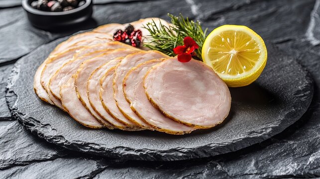 A sophisticated plate of sliced sausages garnished with lemon and a small red flower on a black slate background, showcasing their smooth texture and natural coloration, captured in ultra-high definit
