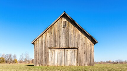 Obraz premium Old rustic barn with a weathered wooden exterior and a bright blue sky