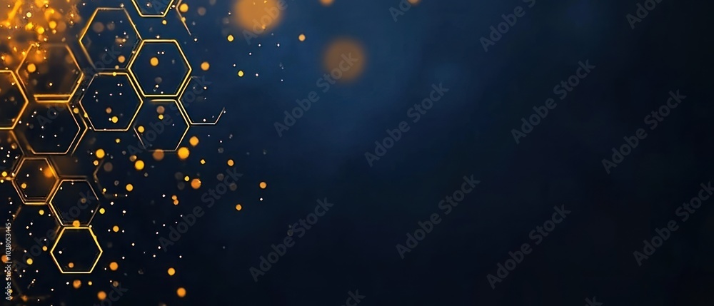 Poster abstract hexagonal pattern with glowing orange lights on a deep blue background