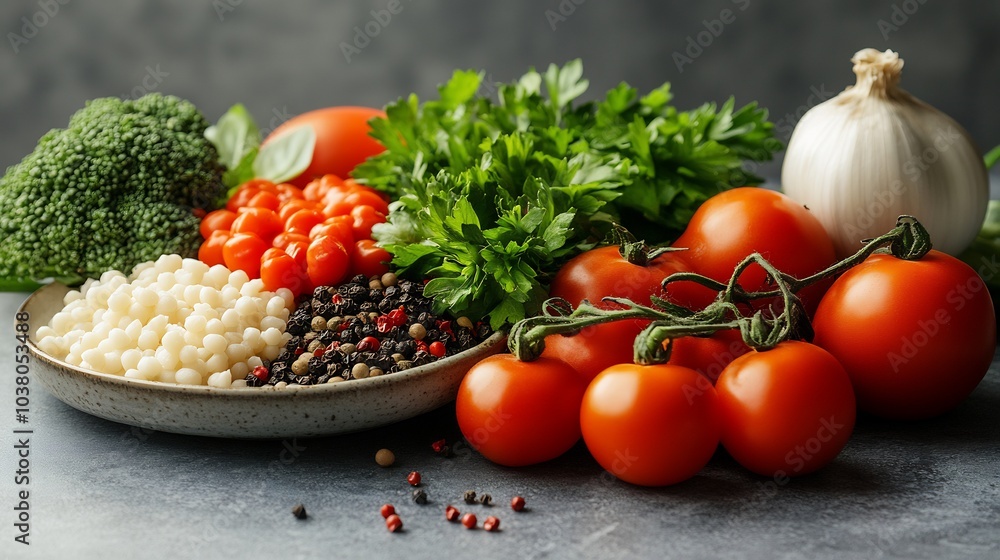 Poster isolated view of a balanced meal with fresh vegetables and grains against a simple backdrop