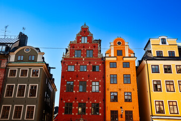 Fototapeta premium Medieval Town houses in Stortorget square, historic centre, Gamla stan,Stockholm,Sweden, Scandinavia, Europe