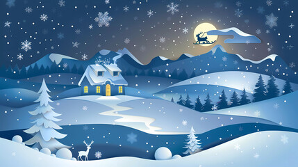 Fototapeta premium Paper-cut style vector illustration.Christmas banner, Santa clause's sleigh riding on the sky with nigh sky and falling snow.