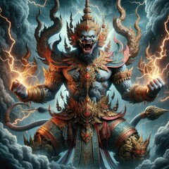 Fototapeta premium Fierce Demon Warrior: A Majestic, Armored Mythical Fighter Radiating Power with Flaming Headdress and Lightning, Amidst a Chaotic Storm, Poised for a Devastating Strike