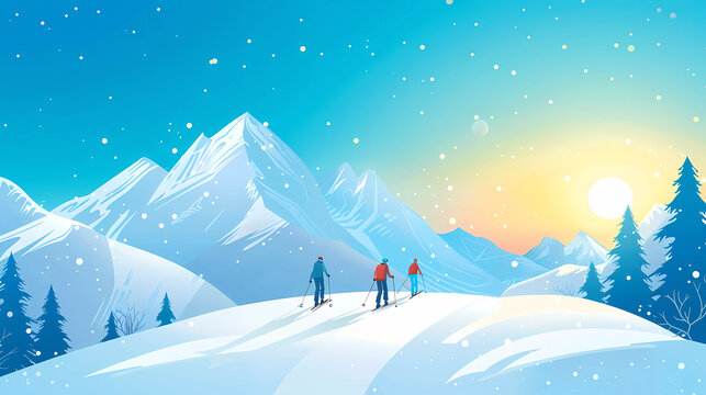 People enjoy skiing in snow fields with mountain and blue sky background