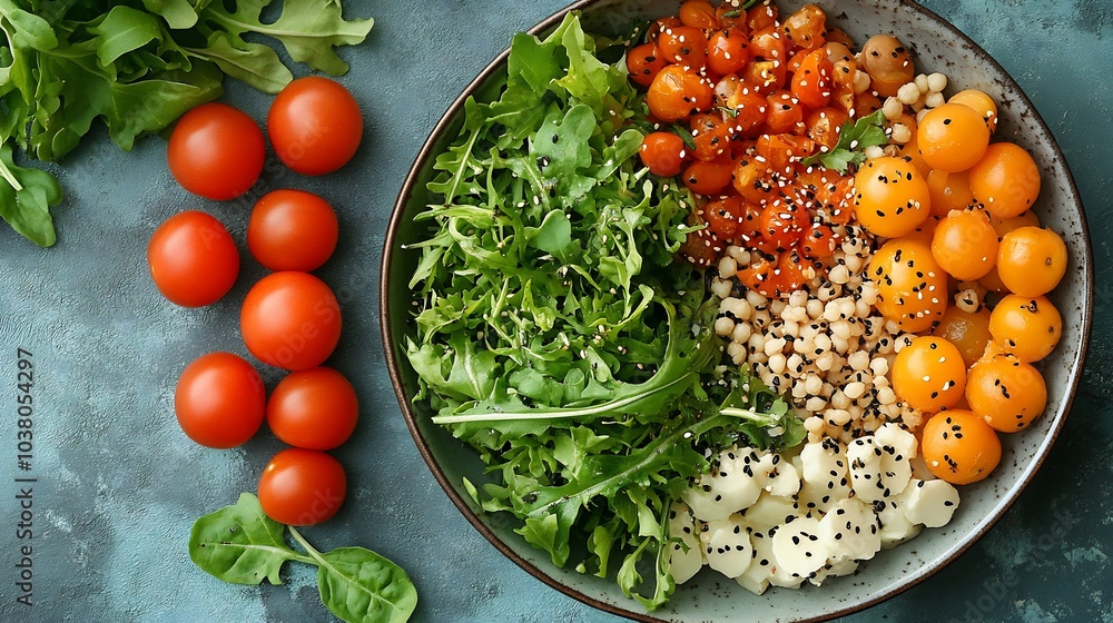 Poster isolated view of a balanced meal with fresh vegetables and grains against a simple backdrop