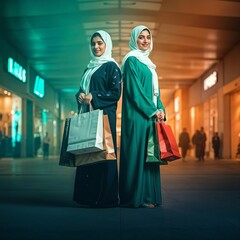 Fototapeta premium Two arab middle eastern Saudi women in hijab and traditional formal Abaya with shopping bags, on white isolated background, with different poses, expressions, hand and gestures 