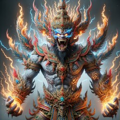 Fierce Demon Warrior: A Majestic, Armored Mythical Fighter Radiating Power with Flaming Headdress and Lightning, Amidst a Chaotic Storm, Poised for a Devastating Strike
