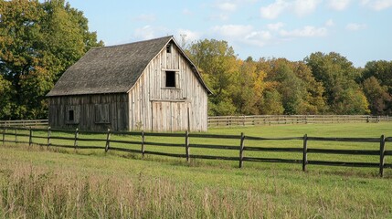Obraz premium Rustic wooden barn with a weathered exterior and a surrounding fence in a rural setting