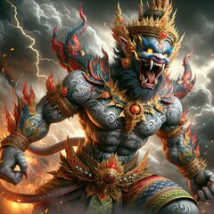 Fototapeta premium Fierce Demon Warrior: A Majestic, Armored Mythical Fighter Radiating Power with Flaming Headdress and Lightning, Amidst a Chaotic Storm, Poised for a Devastating Strike