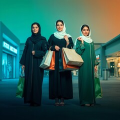 Two arab middle eastern Saudi women in hijab and traditional formal Abaya with shopping bags, on white isolated background, with different poses, expressions, hand and gestures
