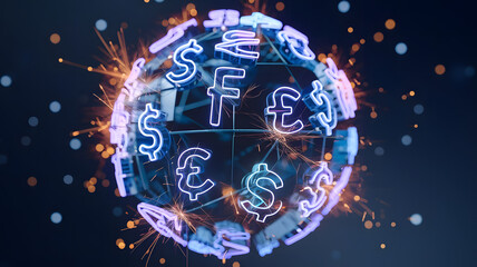 Fototapeta premium A rotating sphere made of interconnected neon financial symbols, with sparks of light representing global financial interactions. ( Business Concept )