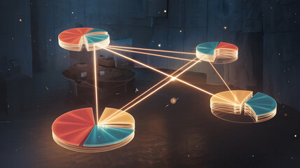 Glowing beams of light connecting floating pie charts, representing collaboration and data sharing between different sectors. ( Business Concept )
