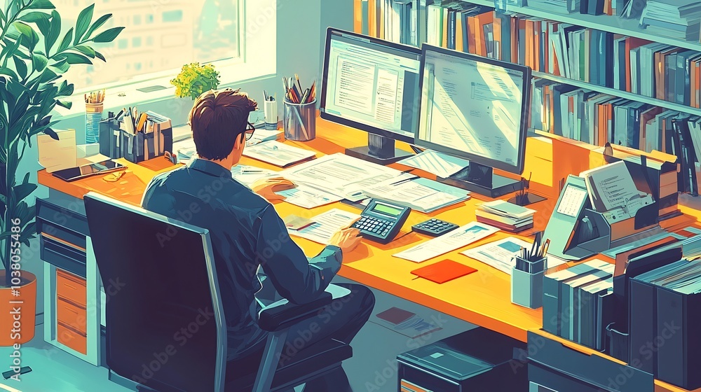 Poster office scene where a financial advisor is explaining a credit agreement to a client with a large des