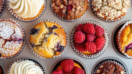 A colorful assortment of delicious cupcakes topped with frosting, berries, and various sprinkles, arranged neatly in baking cups.