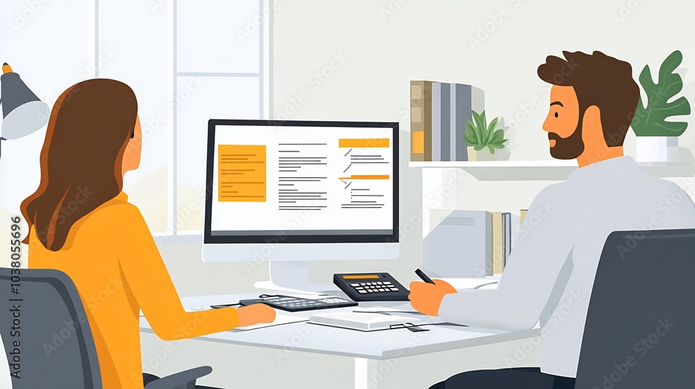 Poster office scene with a financial advisor explaining a credit agreement to a client featuring financial 