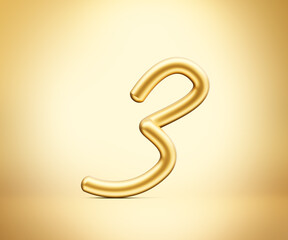 Fototapeta premium 3d Golden Shiny Digit 3 Number Three Rounded Inflatable Font On Golden Background 3d Illustration