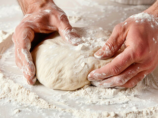 A baker kneads dough on a floured surface, showcasing the process of preparing bread or pastries.
