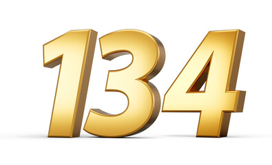 3d number 134 one hundred thirty four Gold text isolated on white background with reflection 3d illustration