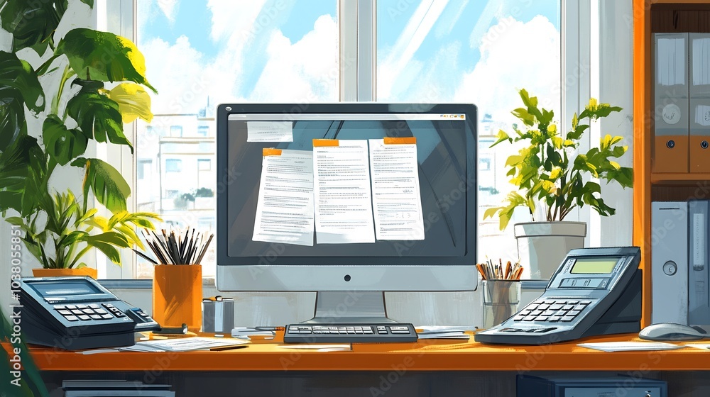 Poster office scene where a financial advisor is explaining a credit agreement to a client with a large des