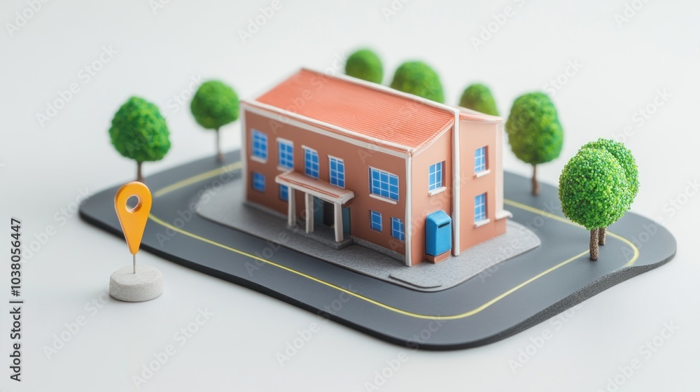 Poster a miniature model of a building with trees and a location marker on a road.