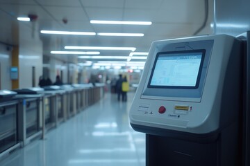 Modern access control point terminal standing in office corridor