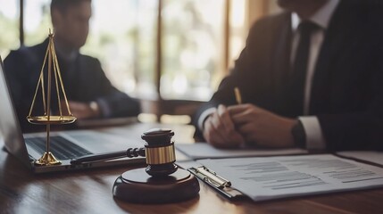 Office setting where a lawyer and client are discussing a real estate agreement surrounded by legal documents a laptop with contract details and a pen on the desk